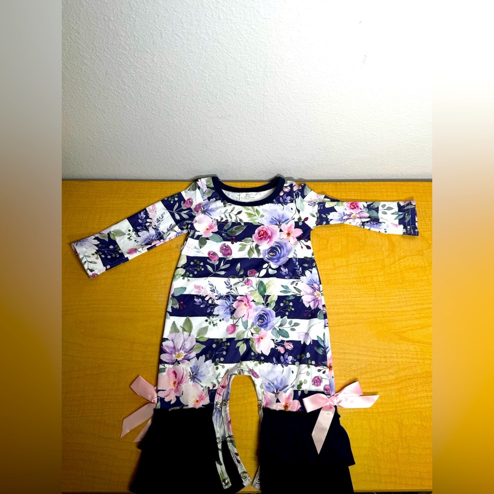 Floral Striped Baby Romper with Ruffle Legs